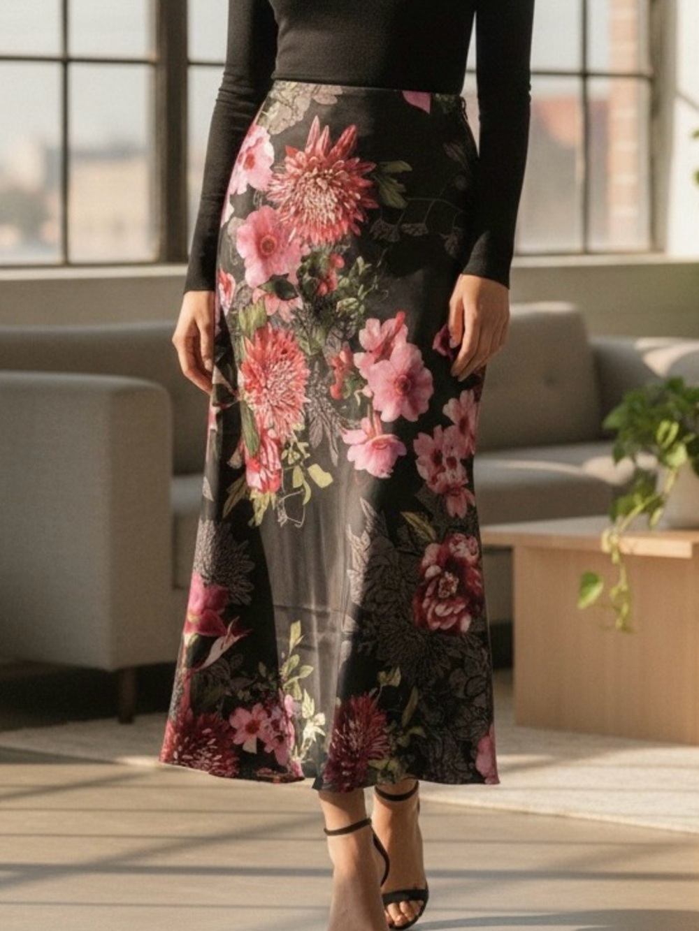 NWT Forgotten Grace Black Feminine Romantic Floral Knit Pull-on Maxi Skirt Lrg